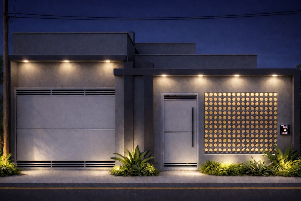 Fachada noturna de residência projetada por Fernando Silva